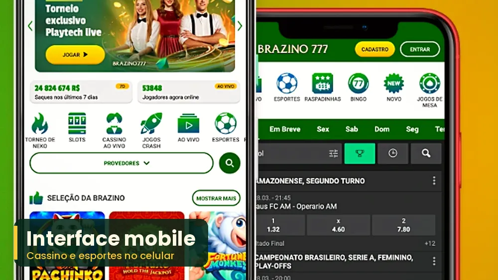 Interface mobile do Brazino777 com cassino e esportes